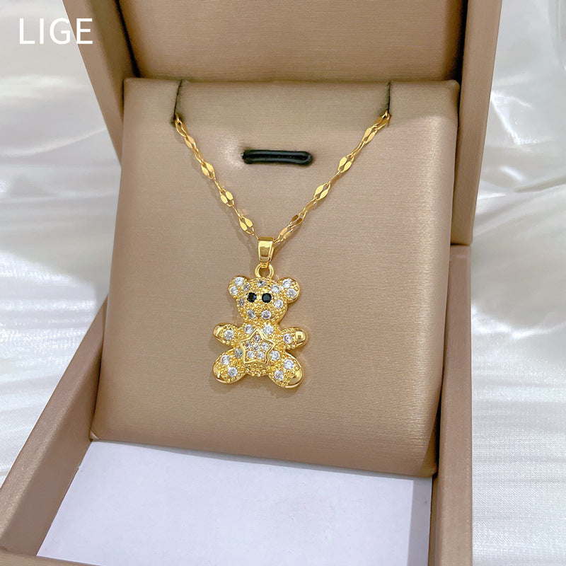 Collana con ciondolo a orsetto stellato minimalista per uomo e donna, catena a serpente in acciaio inossidabile con intarsio di strass e stile fresco e dolce