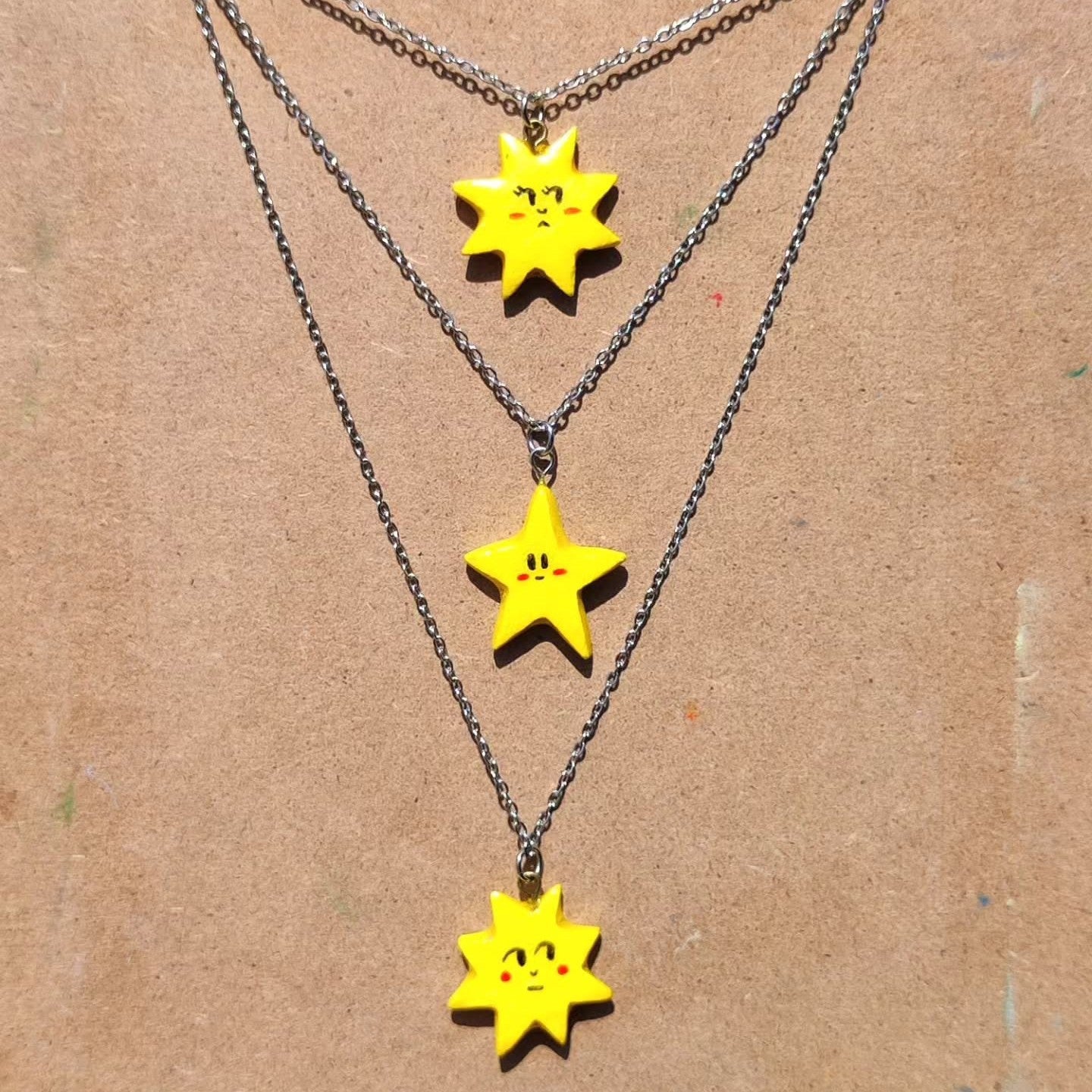 Elegant Colorful Geometric Star Pendant Plated Brass Necklace with Stainless Steel Charms for Unisex