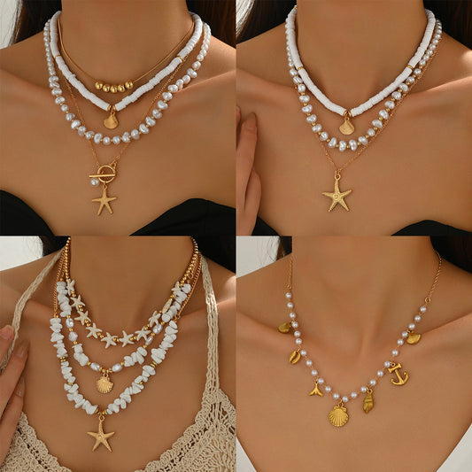 Collar Casual Geométrico Largo con Perlas y Diseño Marino, Hecho de Aleación de Zinc con Acabado Trenzado