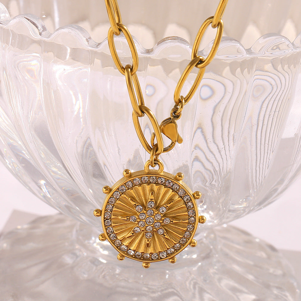 Collana con pendente a moneta a stella a otto punte placcato oro 18 carati in acciaio inossidabile con motivo geometrico vintage chic da donna