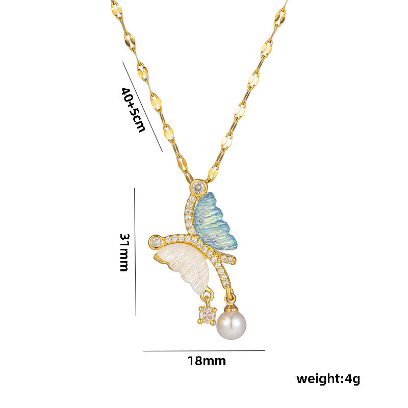 Minimalist Asymmetrical Butterfly Pearl Necklace for Women in Titanium Steel with Electroplated Finish