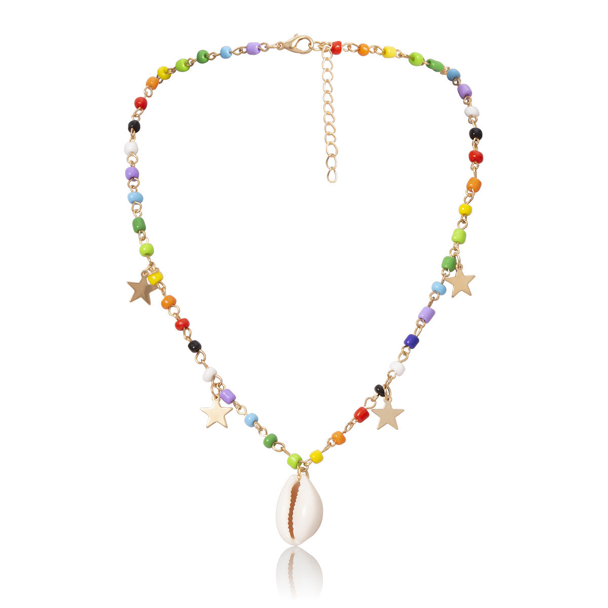 Collana Minimalista a Nappa a Forma di Stella con Finitura Galvanizzata per Donna, con Perline Colorate e Ciondolo a Conchiglia su Catena a Sfere