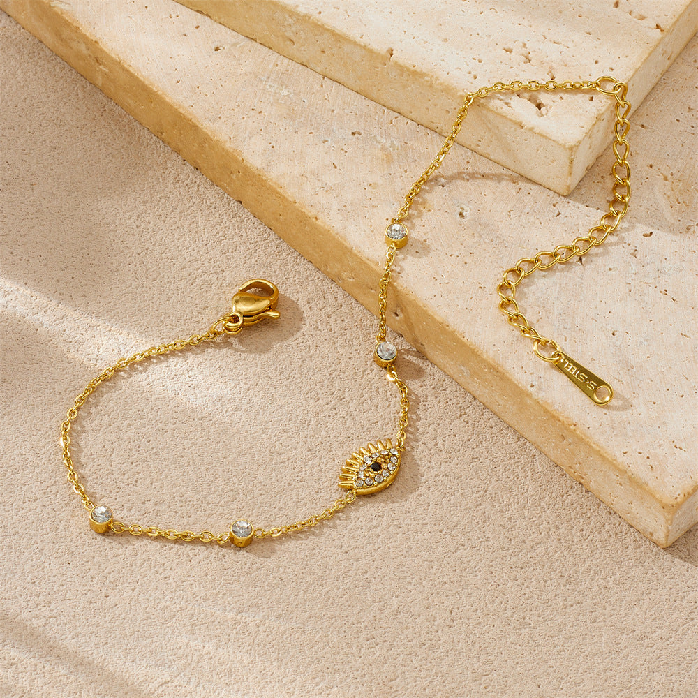 Minimalist Gold Plated Stainless Steel Evil Eye Rhinestone Bracelet for Women