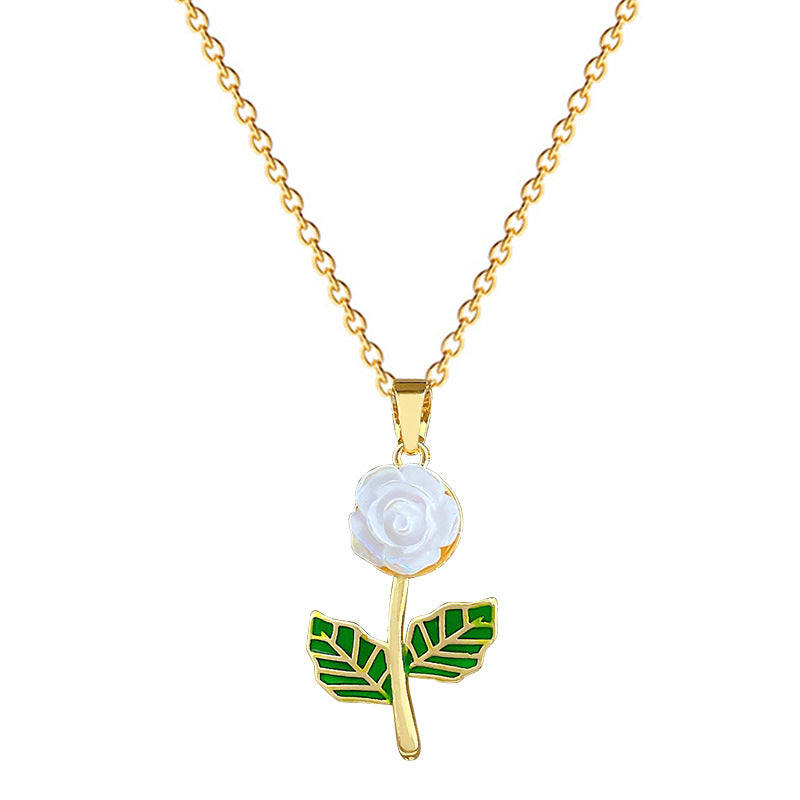 Sweet Elegant Drip Oil Floral Moon Rhinestone Pendant Necklace Titanium Steel Cable Chain for Unisex