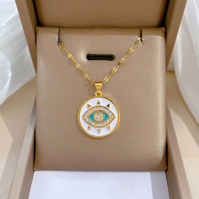 Collana pendente a occhio geometrico in acciaio al titanio di lusso da donna con finitura placcata, catena delicata per la clavicola per banchetti nuziali ed eventi formali
