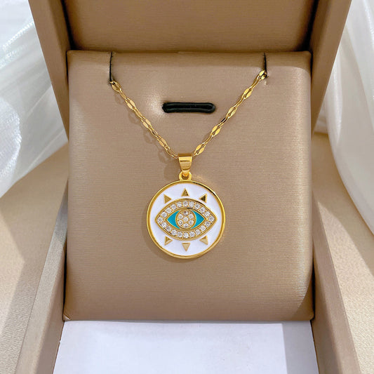 Collar con colgante de ojo geométrico de acero de titanio de lujo para mujer con acabado chapado, cadena delicada para la clavícula para banquetes de boda y eventos formales