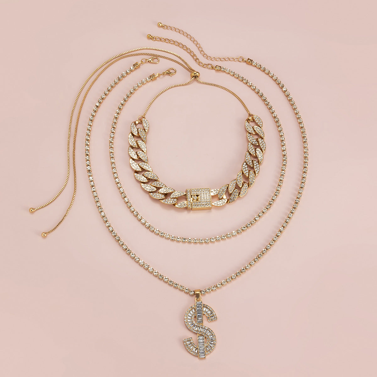 Punk Vintage Hip-hop Rhinestone Letter Pendant Alloy Cuban Link Chain Necklace for Women