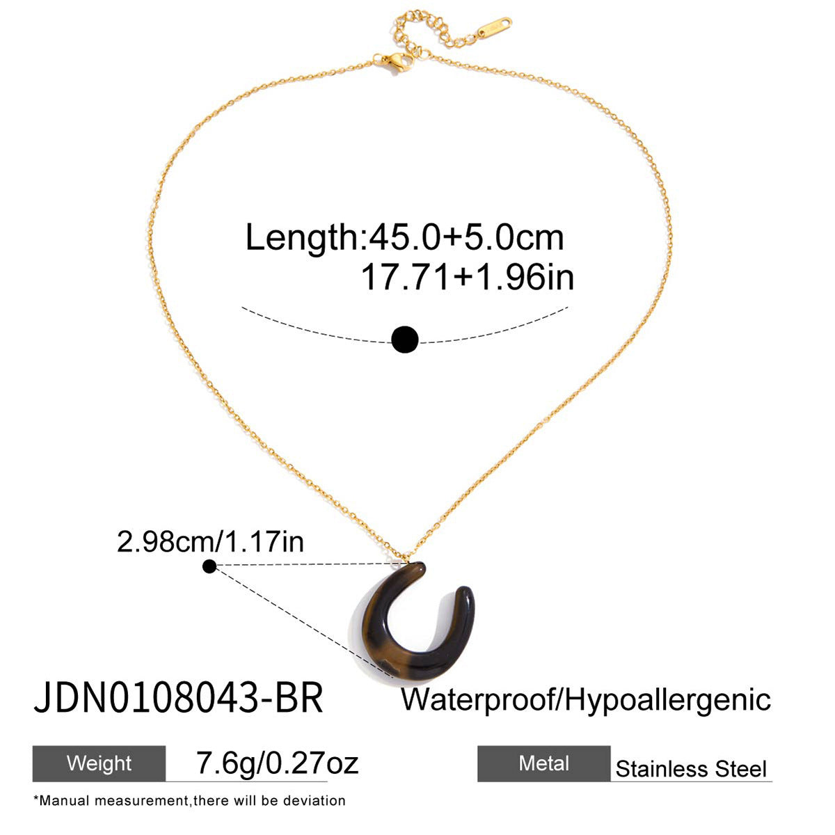 Collana con pendente a U in acciaio inossidabile placcato oro 18 carati con occhio di tigre, stile vintage, da donna
