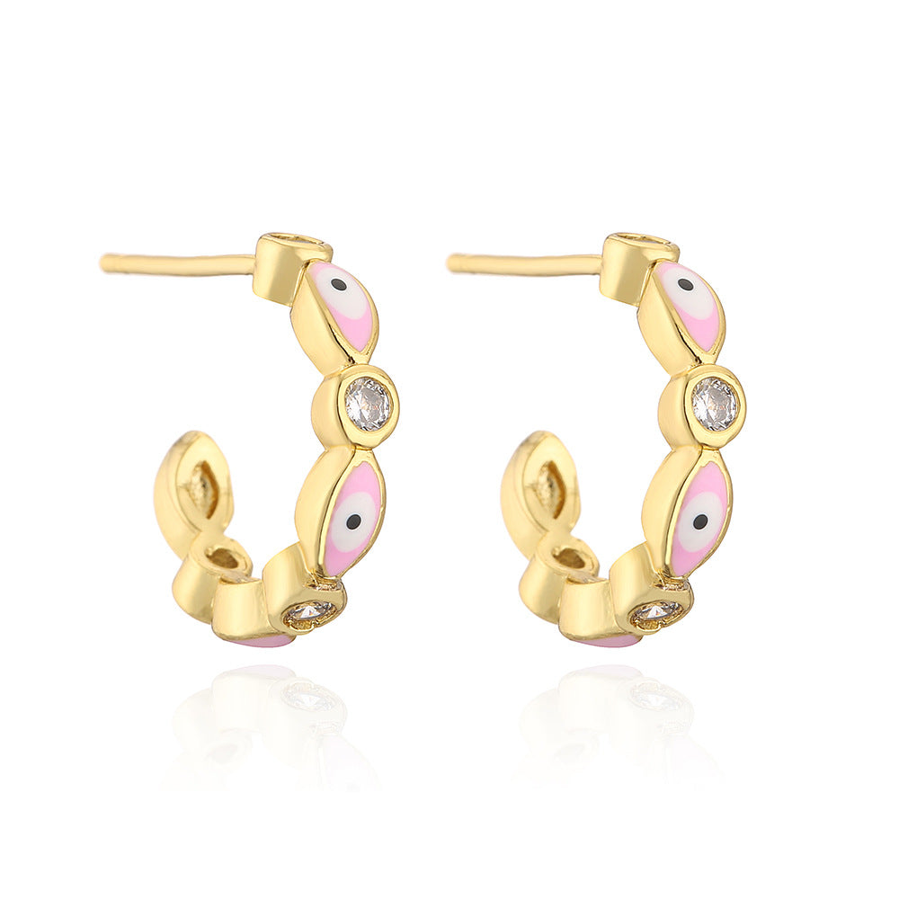 Fashionable Geometric C-Shaped Evil Eye Earrings for Women with Copper Base Plated in 18K Gold and Enamel Finish, Micro-Paved with Zircon