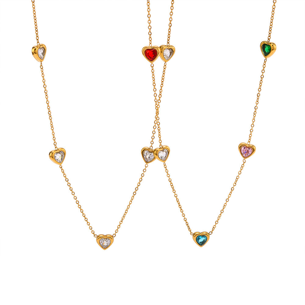 Minimalist Heart-Shaped Titanium Steel Necklace with 18K Gold Plating and Colorful Rhinestone Inlay on O-Chain