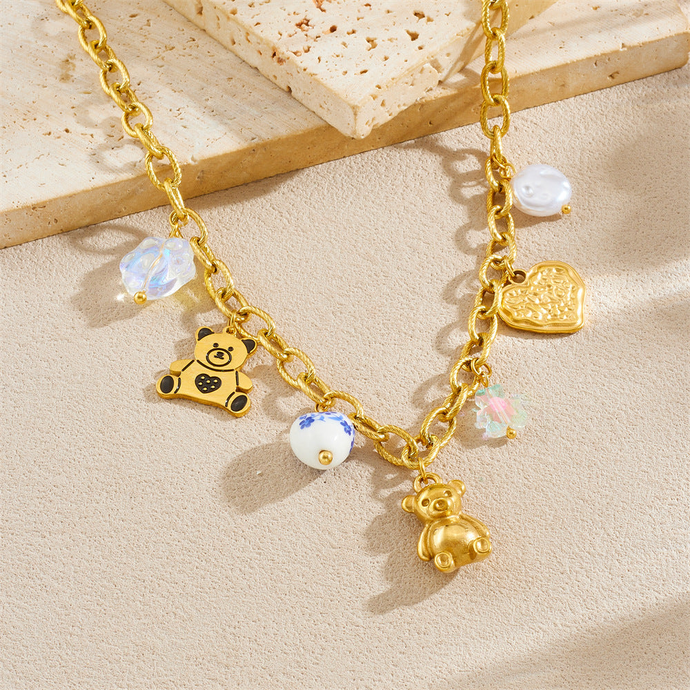 Chic Cartoon Animal Bear Gold Plated Stainless Steel Necklace with Cable Chain for Women