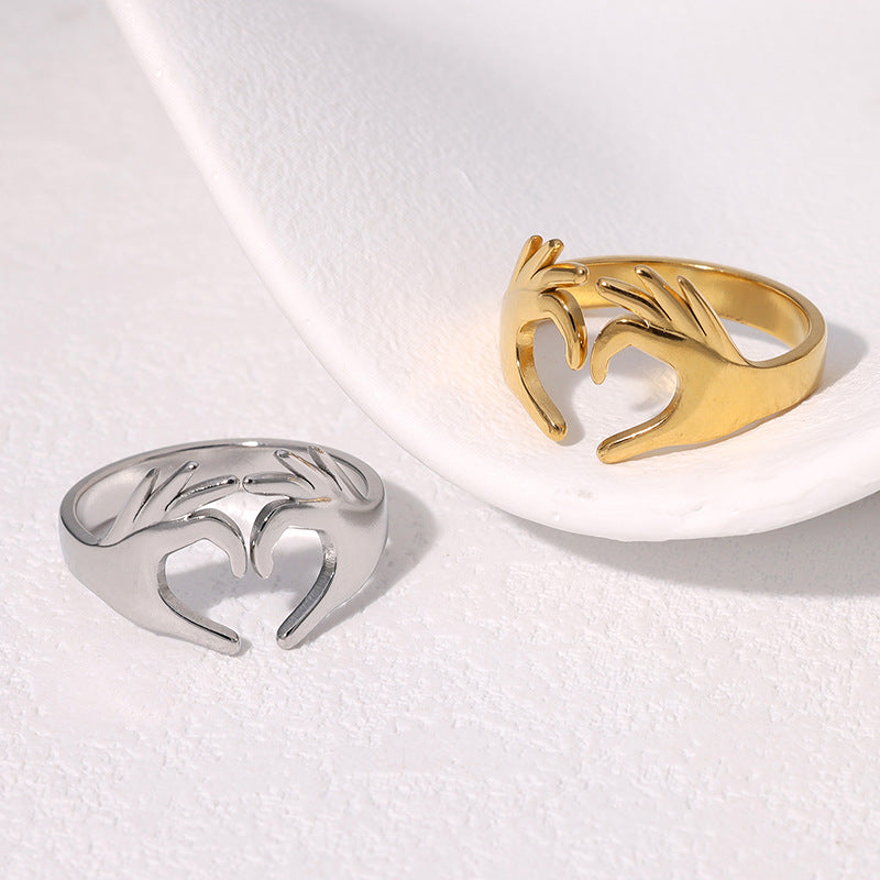 Fashion Minimalist Open Adjustable Heart Ring 18K Gold Plated Stainless Steel Jewelry for Women