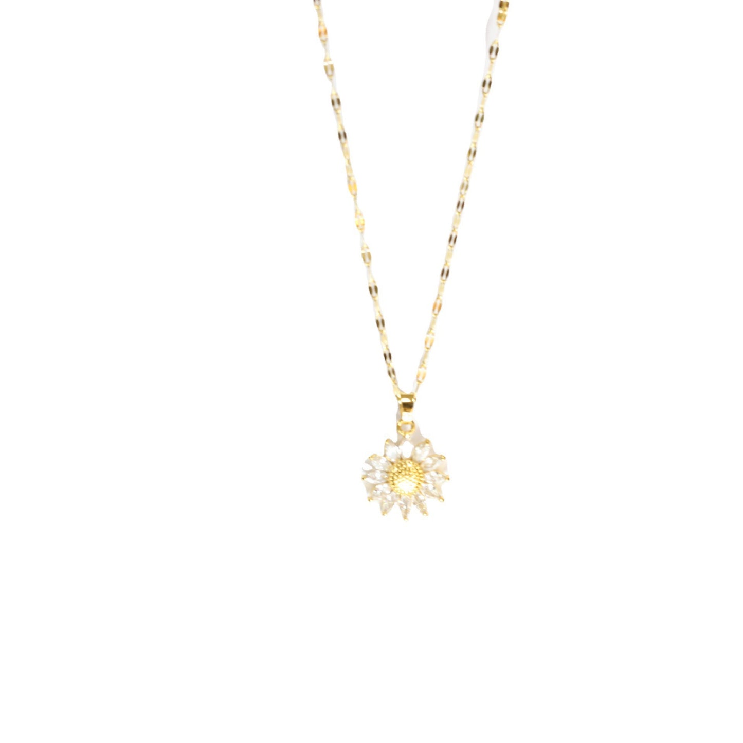 Original Design Sunflower Pendant Necklace for Women in Titanium Steel with Micro-Pave White Zirconia, Irregular Shape Locket Chain