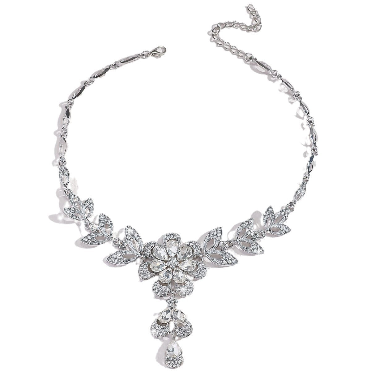 Vintage Style Floral Pattern Geometric Square Pendant Necklace and Earrings Set in Alloy with Rhinestone Inlay for Women