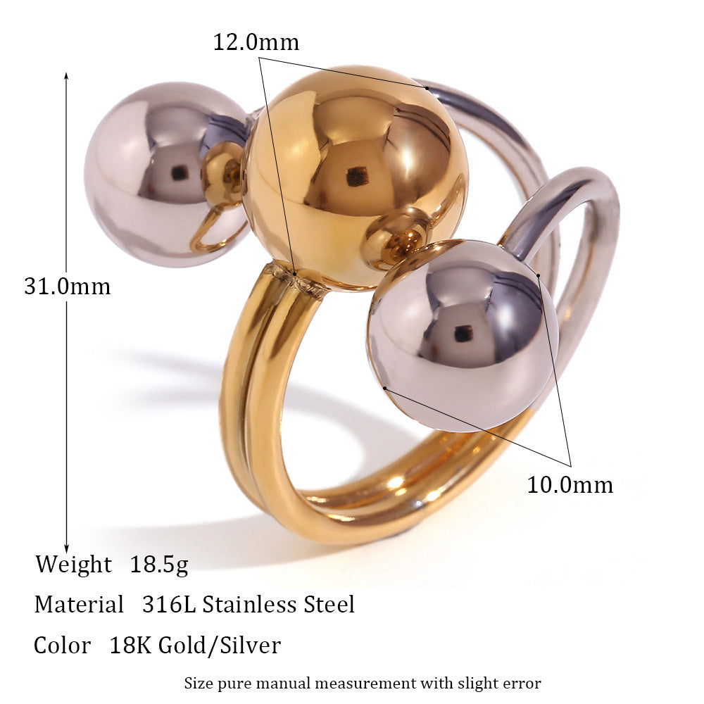 Fashionable Geometric Adjustable Three-Ball Color-Block Ring for Women in Stainless Steel with 18K Gold Plating
