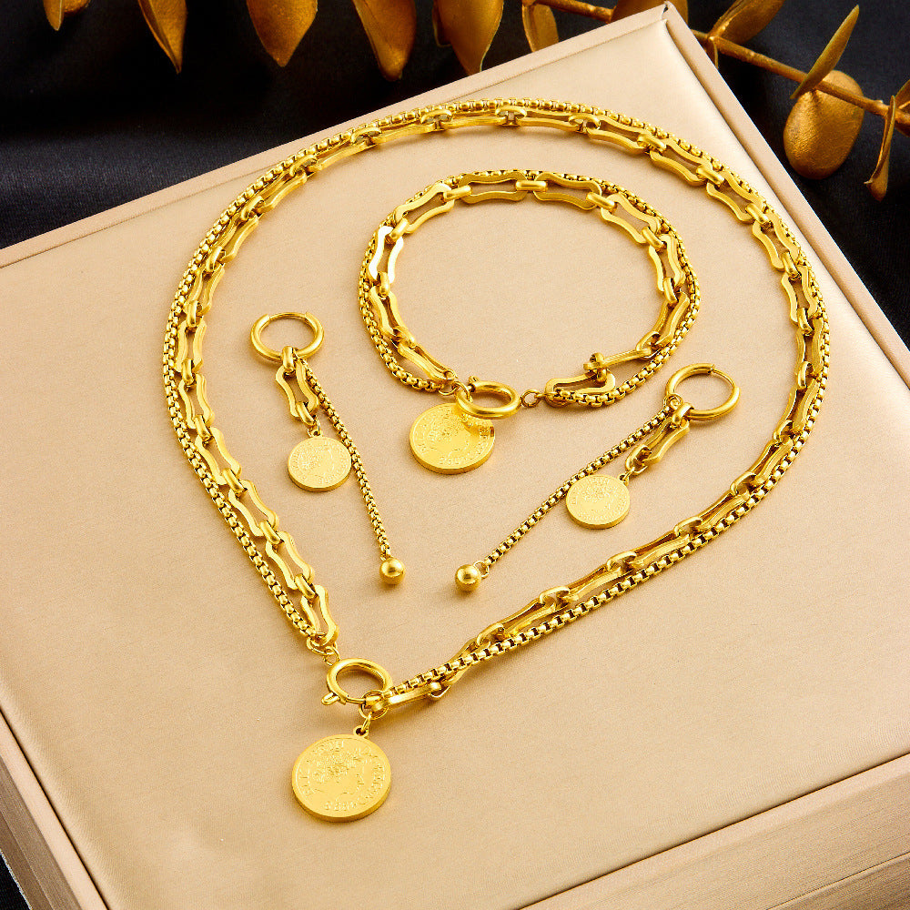 Vintage Gold Plated Stainless Steel Coin Round Star Pendant Tassel Jewelry Set with Box Chain