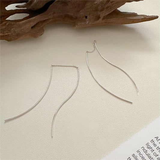 Pendientes Largos Colgantes de Plata de Ley 925 Minimalistas con Forma de Ola para Mujer