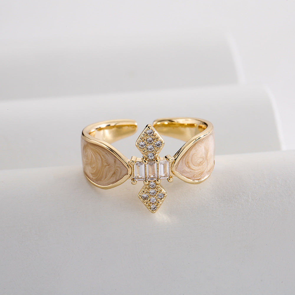 INS Style Geometric Open Ring for Women Made of Copper with 18K Gold Plating Micro-Pave Zirconia and Enamel Finish