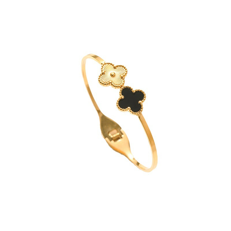 Minimalist Four-Leaf Clover Titanium Steel Bracelet for Women with Polished Finish and Adjustable Opening Design