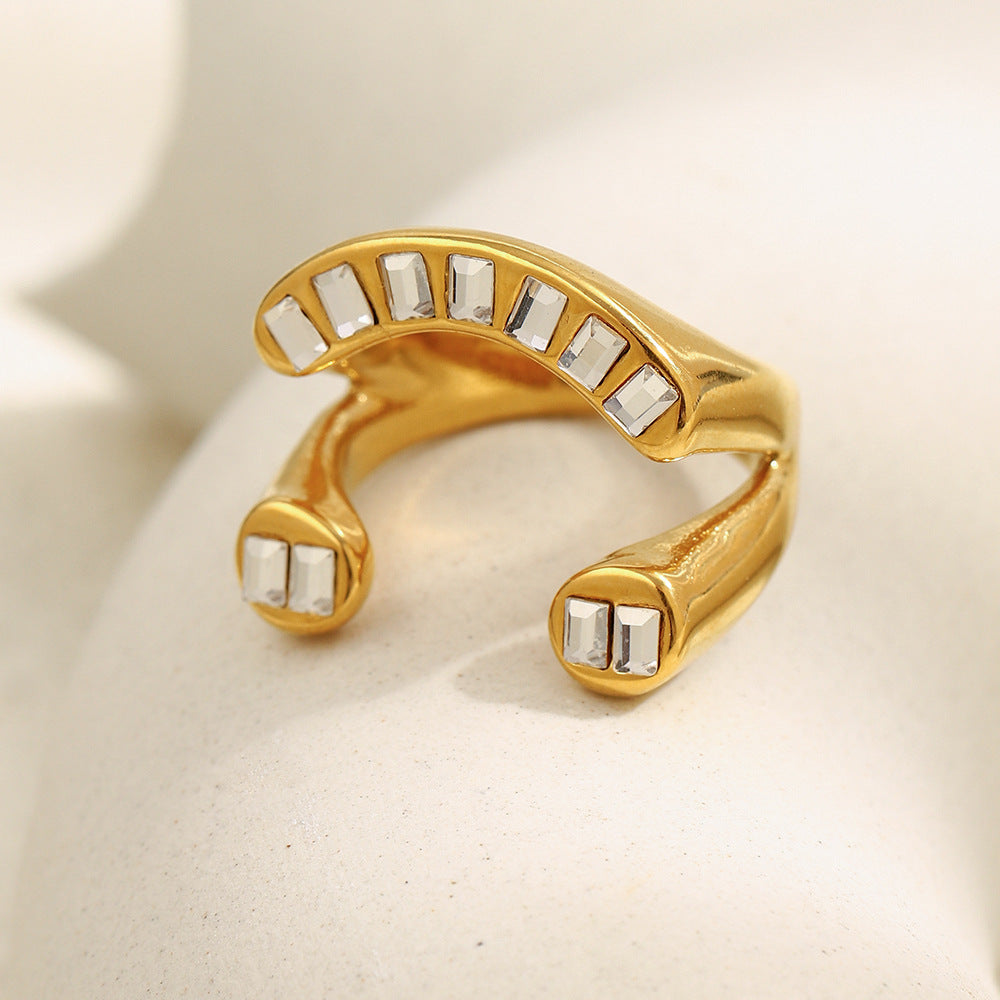 Anello geometrico minimalista in acciaio inossidabile con placcatura in oro 18 carati e zirconi irregolari da donna