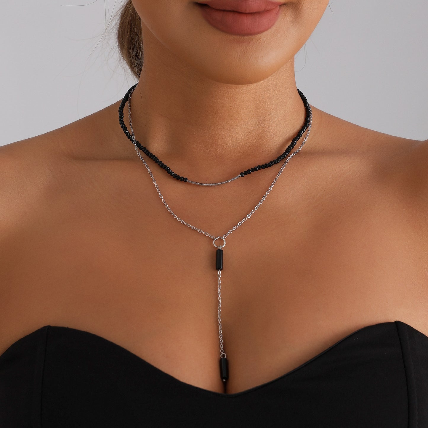 Streetwear Geometric Crystal Cylinder Y-Shape Tassel Alloy Necklace