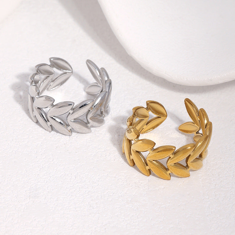 Minimalist Sweet Leaf Shape Gold Plated Stainless Steel Ring for Women