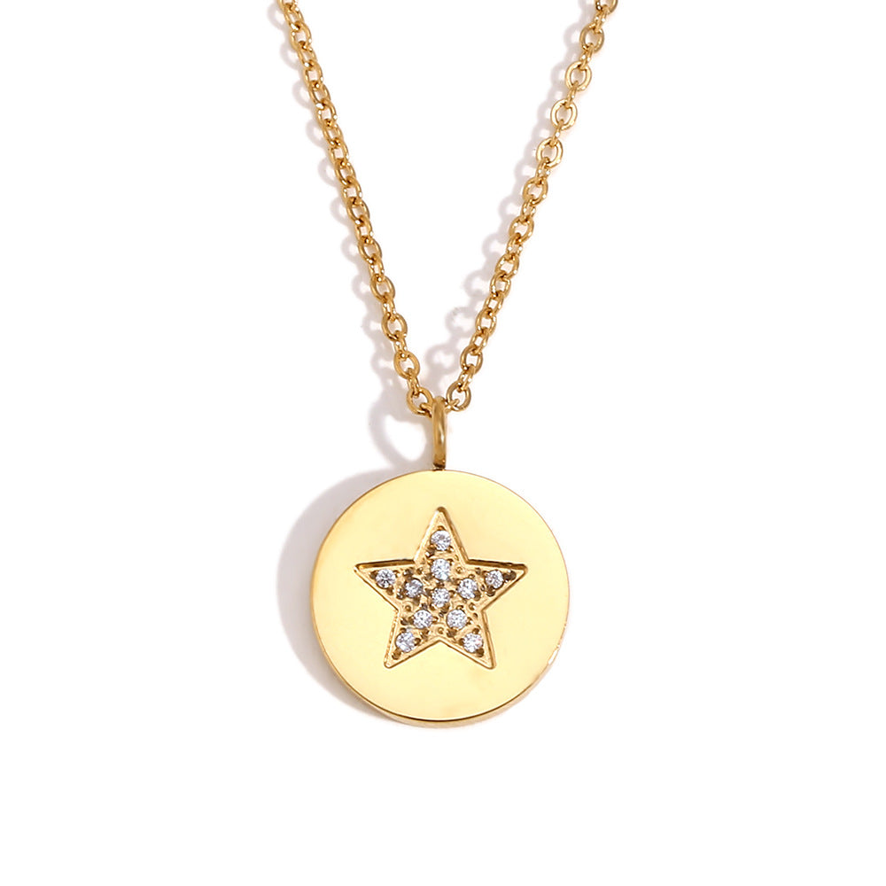 Minimalist Geometric Stainless Steel Pendant Necklace with 18K Gold Plating and Full Rhinestone Star Charm for Women