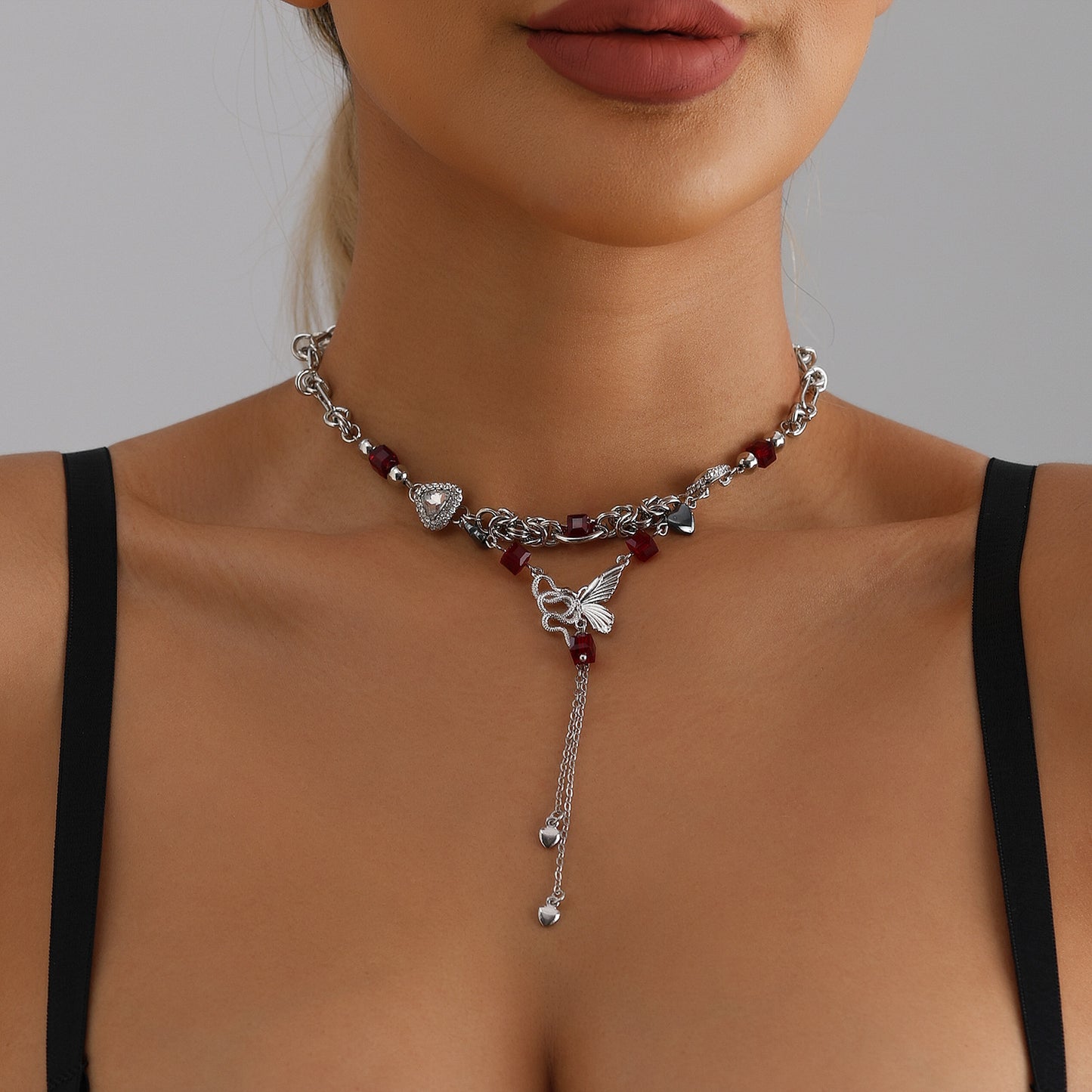Butterfly-Shaped Alloy Pendant Necklace with Rhinestone Inlay and Plated Finish for Women