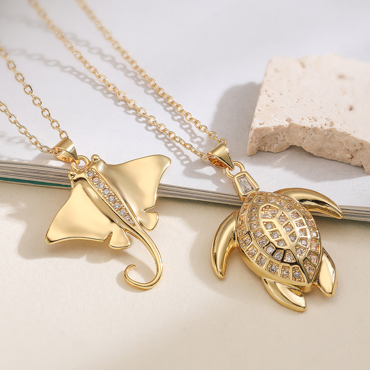 Minimalist Gold Plated Brass Cubic Zirconia Turtle Pendant Necklace for Women