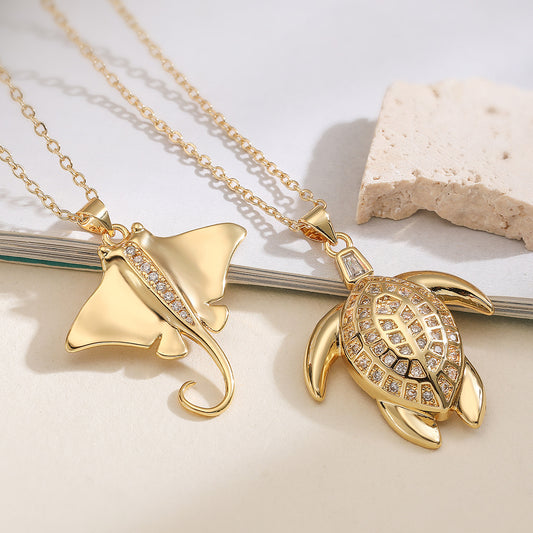 Minimalist Gold Plated Brass Cubic Zirconia Turtle Pendant Necklace for Women
