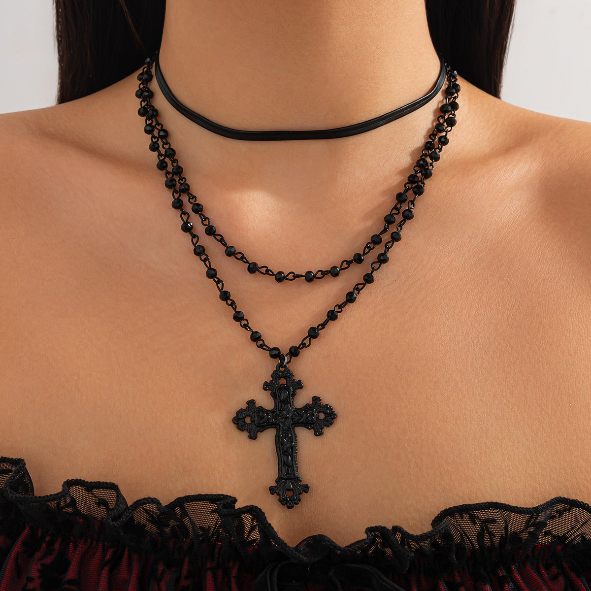 Collar de varias capas con colgante de cristal en forma de gota, estilo gótico oscuro dulce y atrevido, con acabado chapado, para mujer