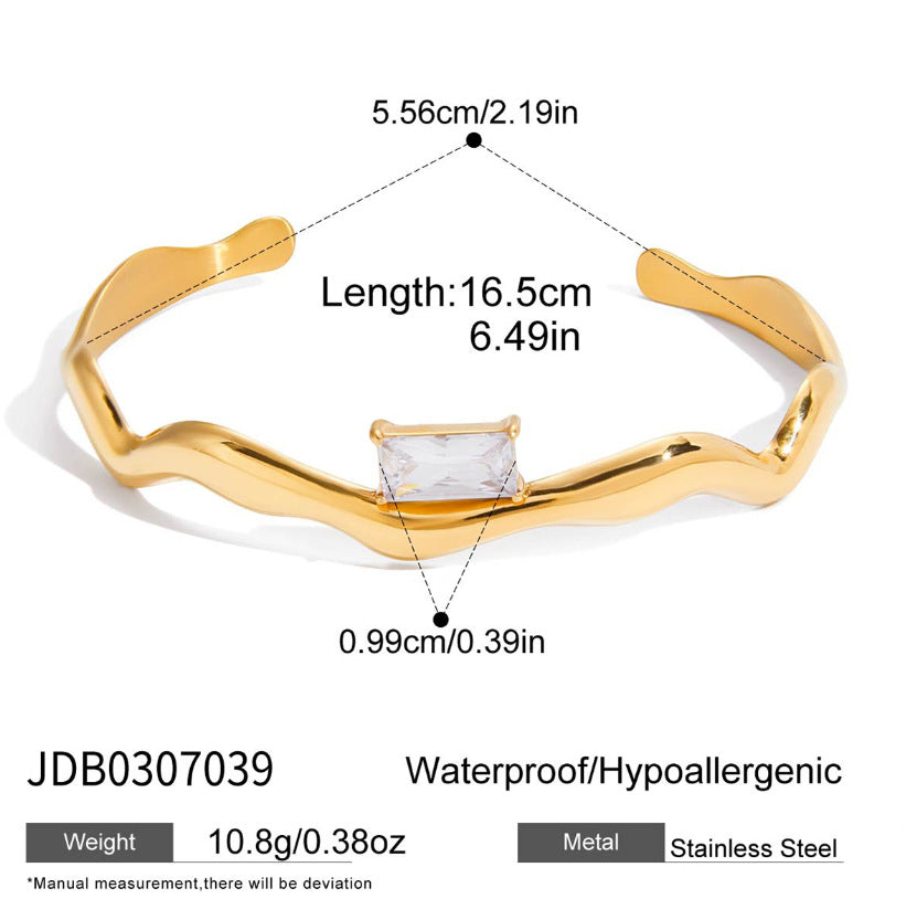 Pulsera de aro abierta minimalista geométrica de acero titanio con circonitas para mujer