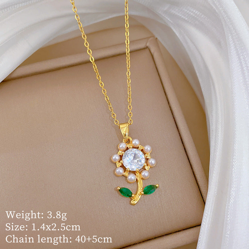 Sweet Elegant Floral Moon Rhinestone Pearl Pendant Titanium Steel Necklace for Unisex