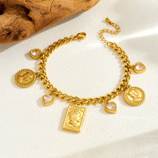 Elegant Gold Plated Geometric Round Square Heart Rhinestone Inlay Stainless Steel Pendant Bracelet