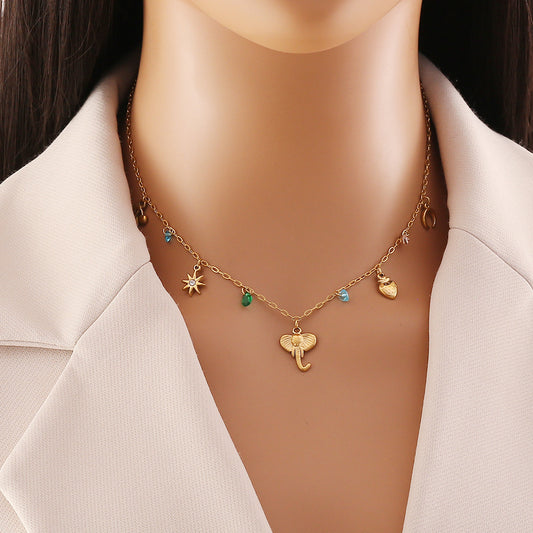 Fashionable Elephant Pendant Necklace in Stainless Steel with Electroplated Finish, Double Layer Chain for Women