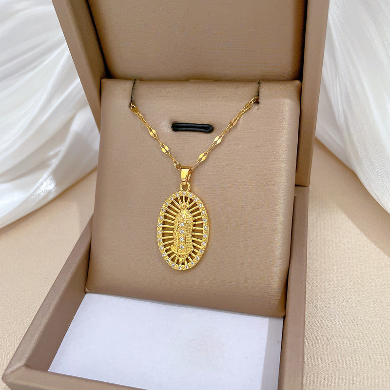 Egg-shaped Hollow Portrait Luxury Rhinestone Necklace for Women and Men Titanium Steel Pendant Chain Moon Pattern