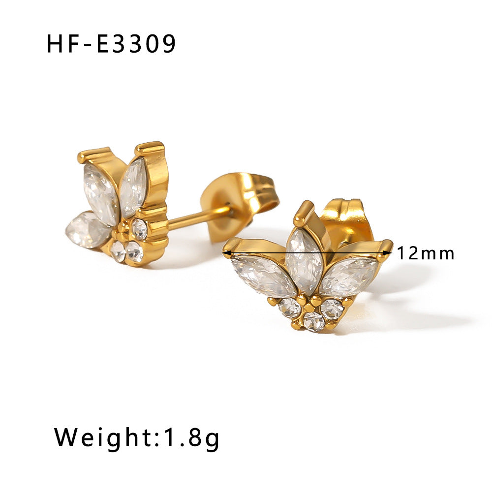Orecchini Irregolari a Farfalla con Zirconi e Perle in Acciaio Inossidabile con Placcatura in Oro 18K da Donna