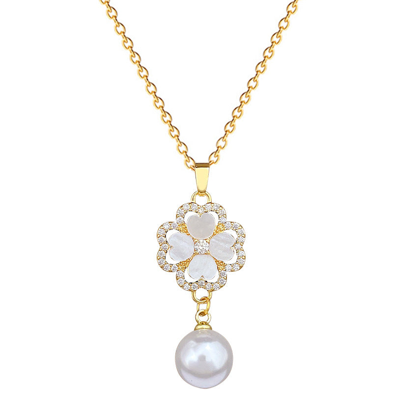 Sweet Four-leaf Clover Titanium Steel Collarbone Necklace with Pearl, Shell, Micro-set Cubic Zirconia and Amethyst Pendant