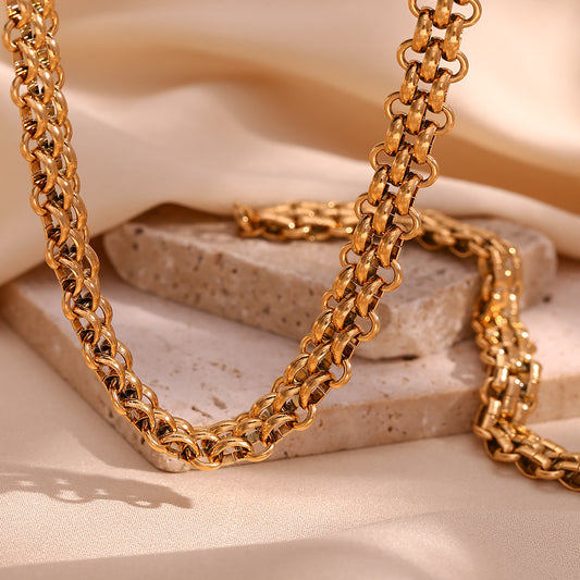 Minimalist Geometric Stainless Steel Plated 18K Gold Handcrafted Necklace with Three-Layer Woven Chain