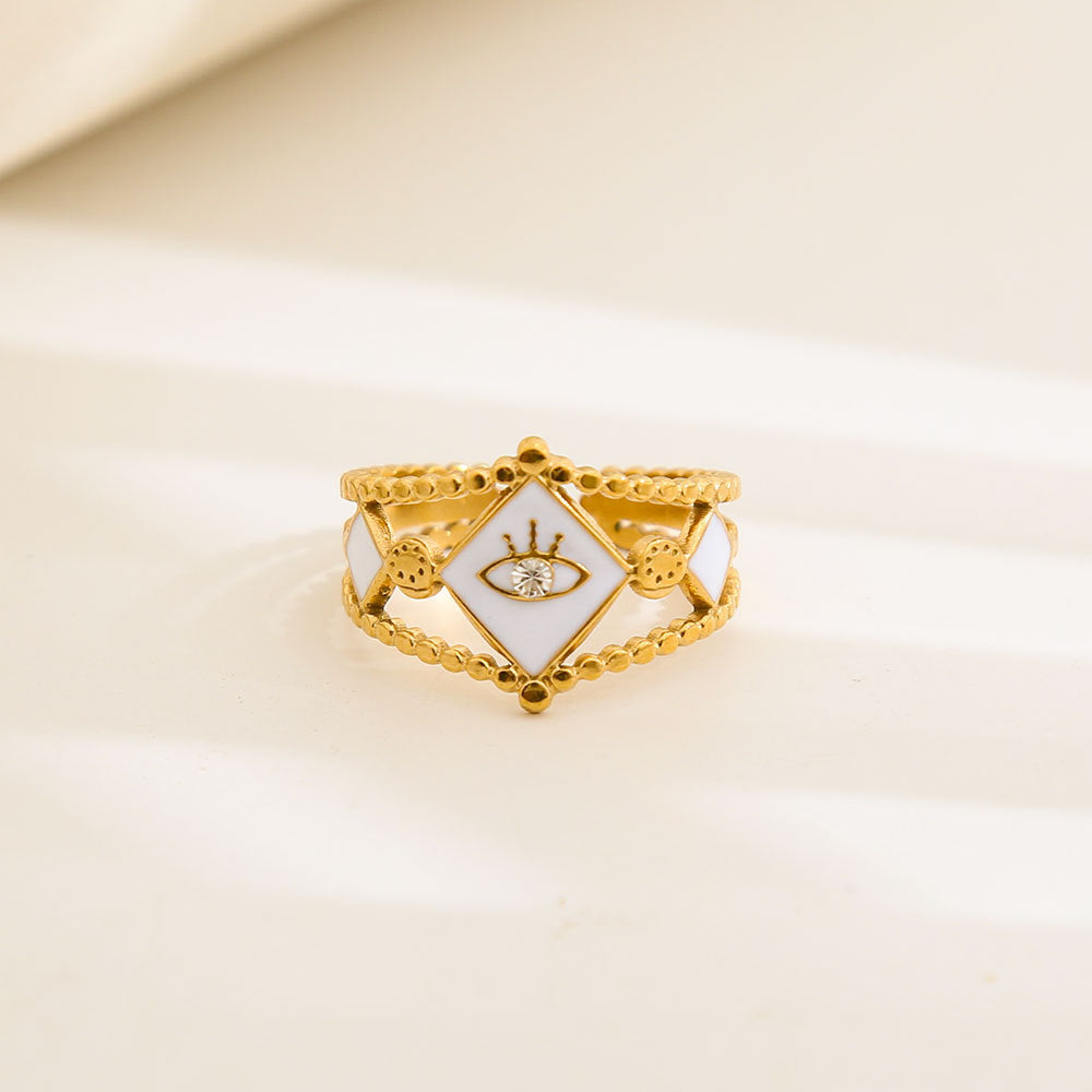 Anello Geometrico Rotondo in Acciaio al Titanio con Smalto Bianco e Nero Stile Vintage Fascia Aperta Regolabile