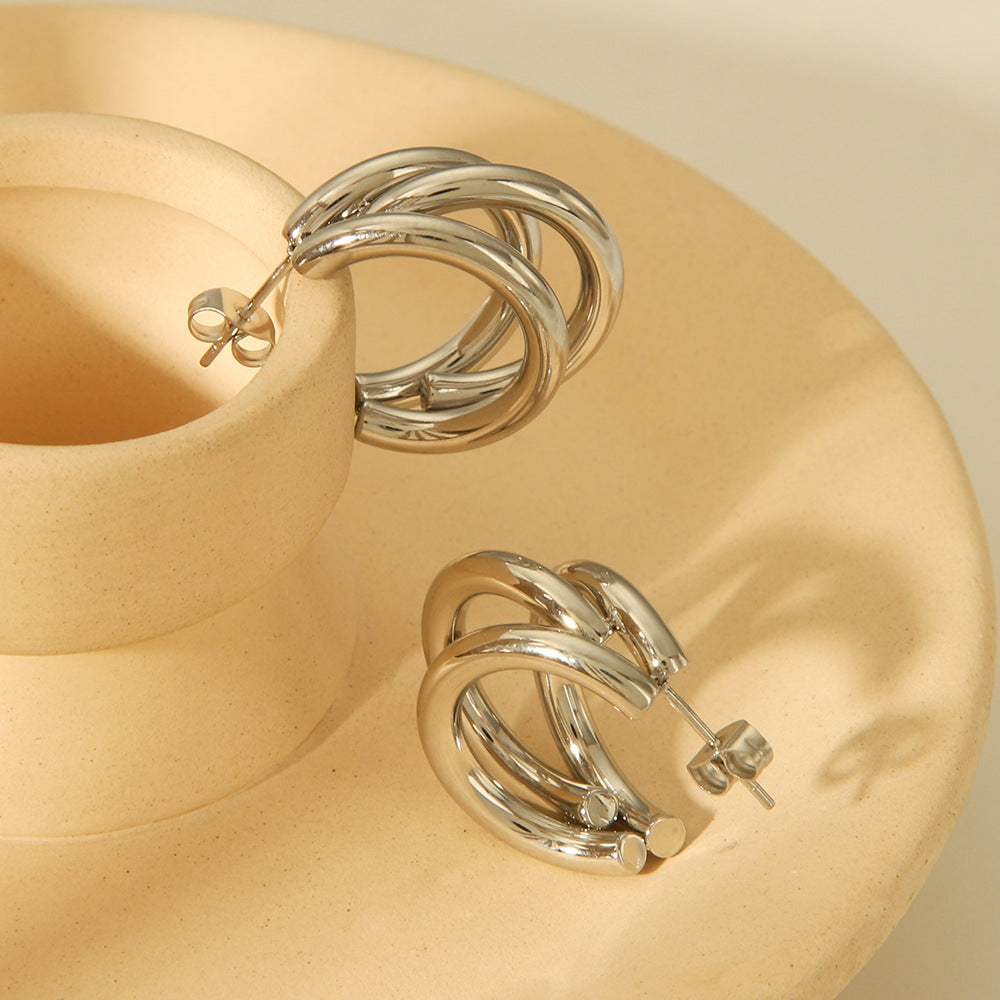 Minimalist Geometric Triple Line Stainless Steel 18K Gold Plated Earrings for Women