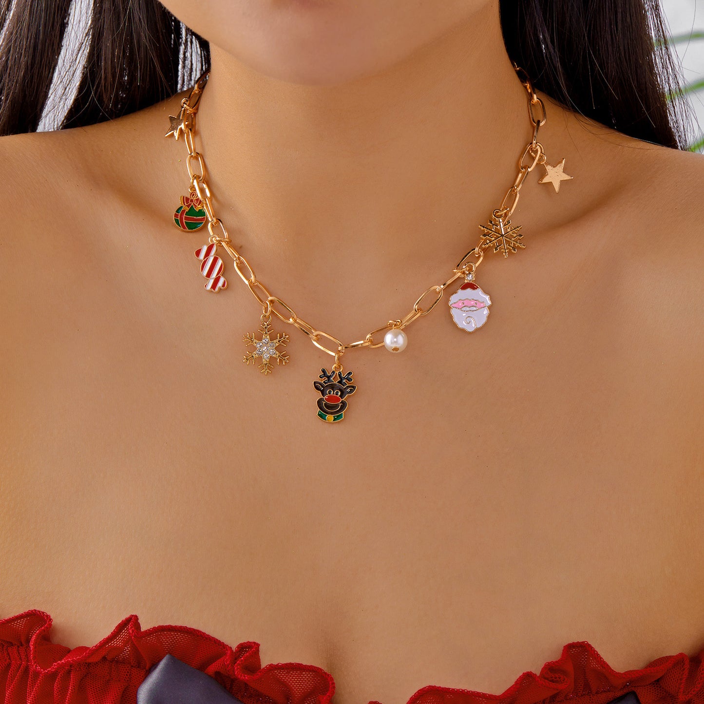 Juego de collar con colgante de Papá Noel, copo de nieve y hombre de jengibre con temática navideña, con cadena chapada en aleación, para uso festivo unisex
