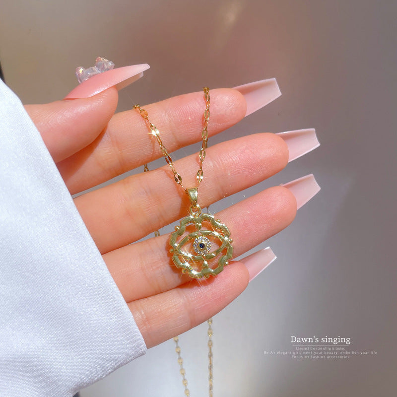 Luxury Geometric Evil Eye Necklace in Titanium Steel with Micro-Paved Zirconia, Gold-Plated Pendant and Chain