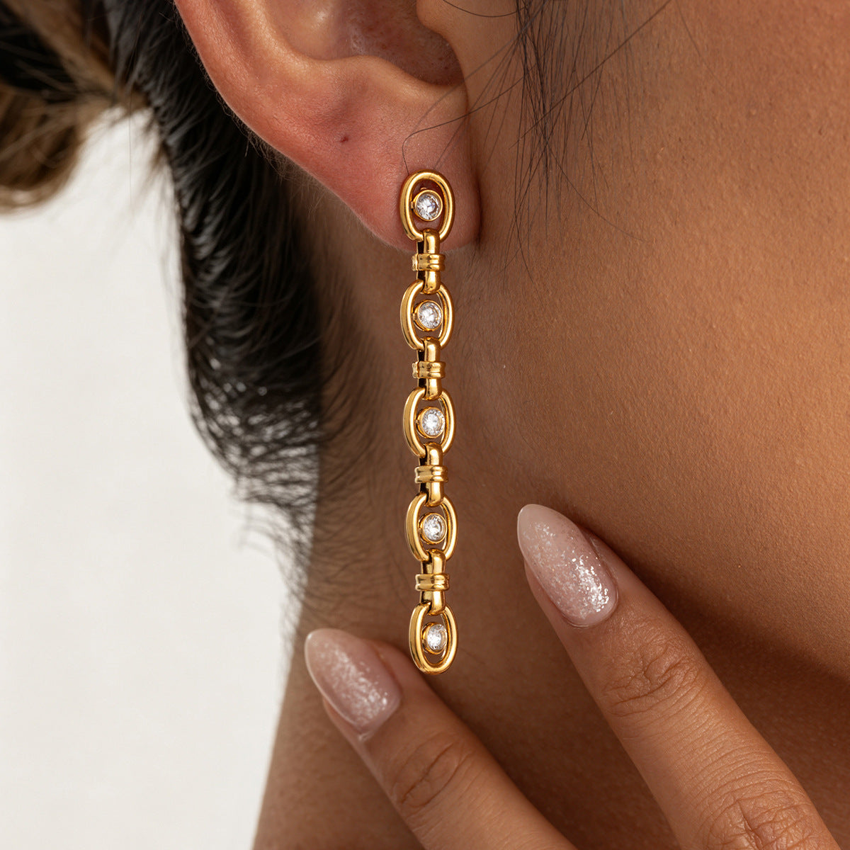 18K Gold Plated Stainless Steel Geometric Round Oval Cubic Zirconia Earrings for Women