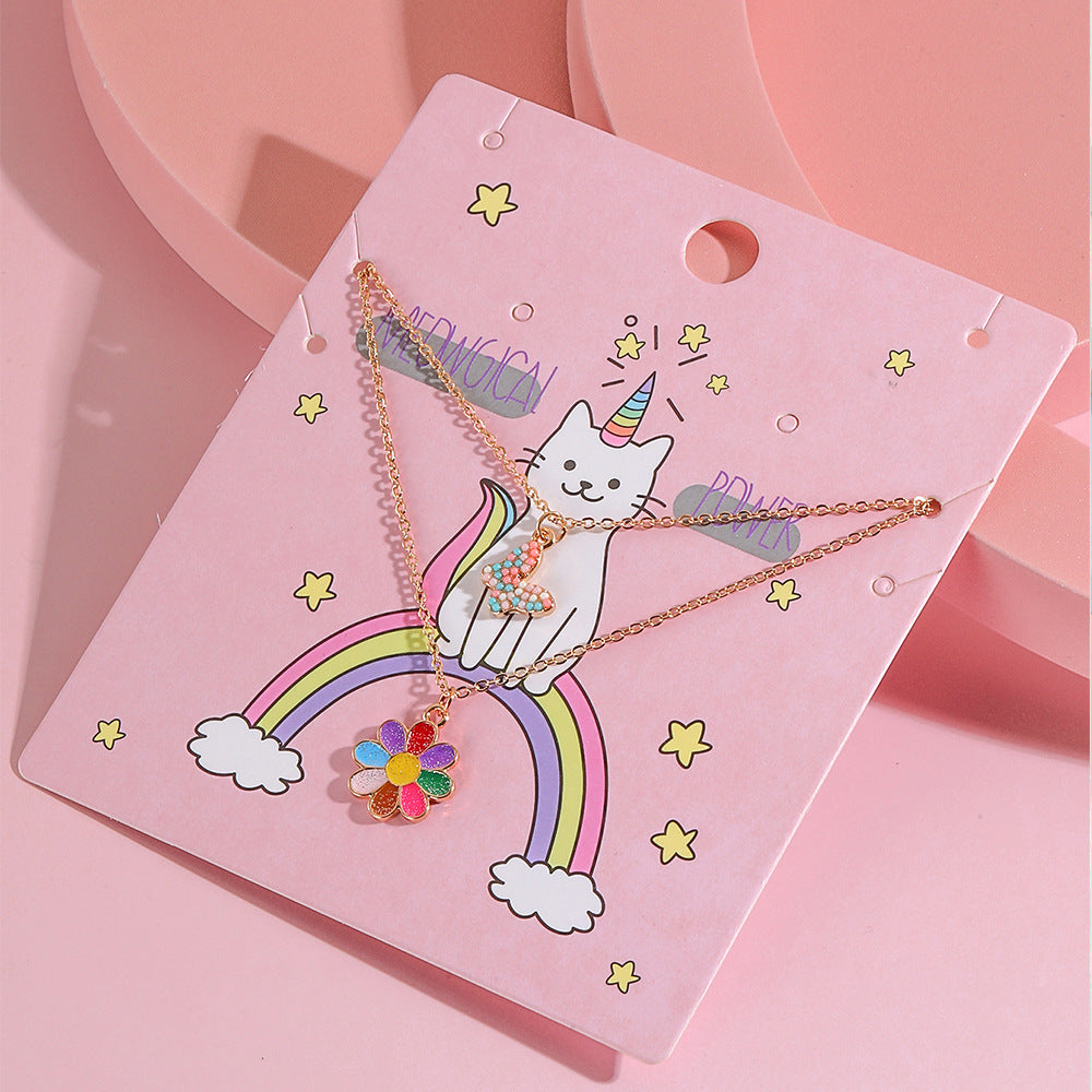 Dulce Collar de Mariposa Floral Estrella Corazón para Niñas, Cadena de Aleación con Acabado Esmaltado, Joyería de Verano Multicapa