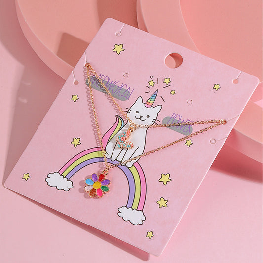 Sweet Butterfly Floral Star Heart Pendant Necklace for Kids Alloy Chain with Enamel Finish Multi-Layer Summer Jewelry