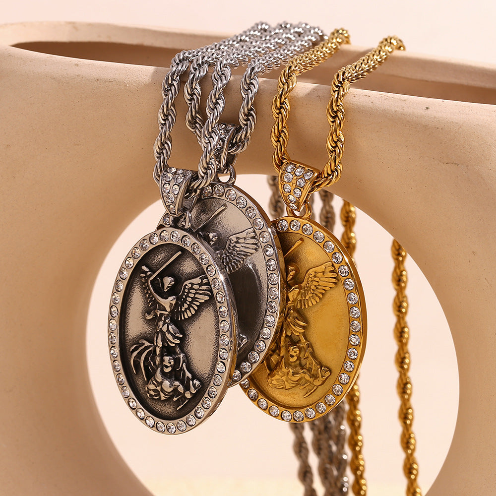 Geometric Angel Pendant Necklace for Men in Stainless Steel with 18K Gold Plating on Twisted Chain