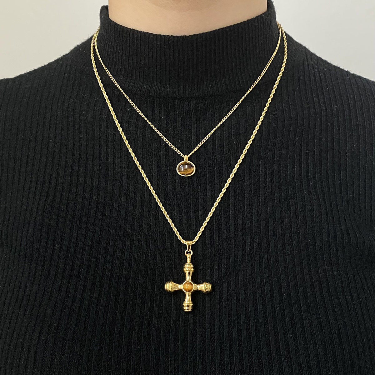 Geometric Tiger Eye Pendant Necklace in Stainless Steel with Plated Finish for Women Minimalist Locket Chain Jewelry