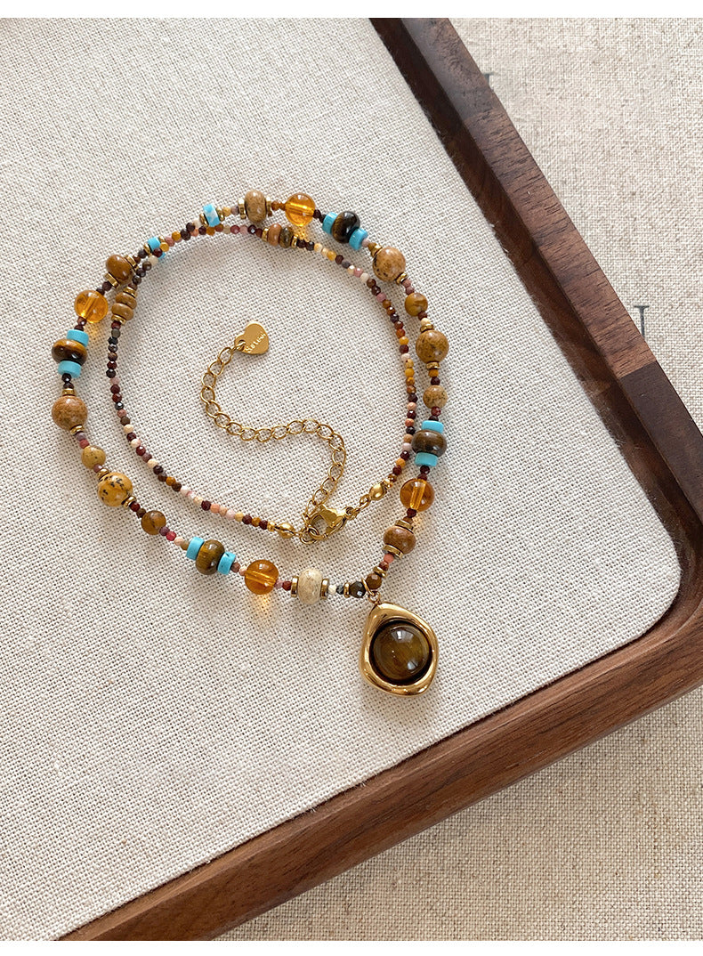 Collana con Ciondolo Vintage a Occhio di Tigre Geometrico Placcata Oro 18K Lunga per Maglione da Donna