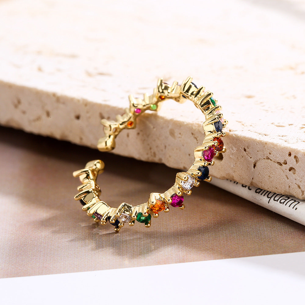 Minimalist Geometric Copper Ring with 18K Gold Plating and Zircon Inlay for Women Adjustable Open Band